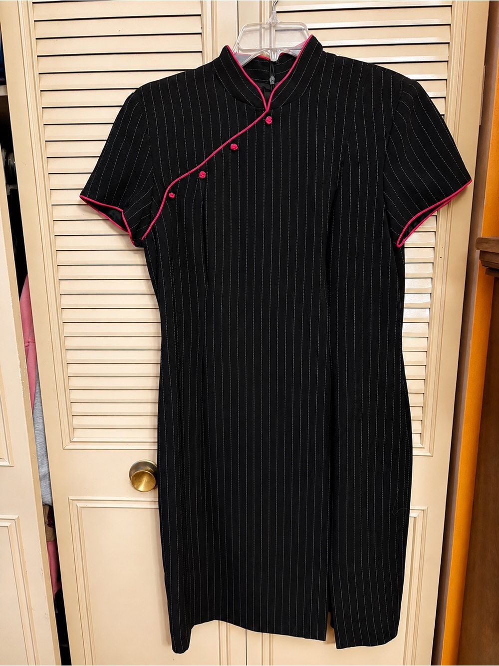 Black Pinstripe Mandarin Collar Midi Dress Pink Trim Short Sle